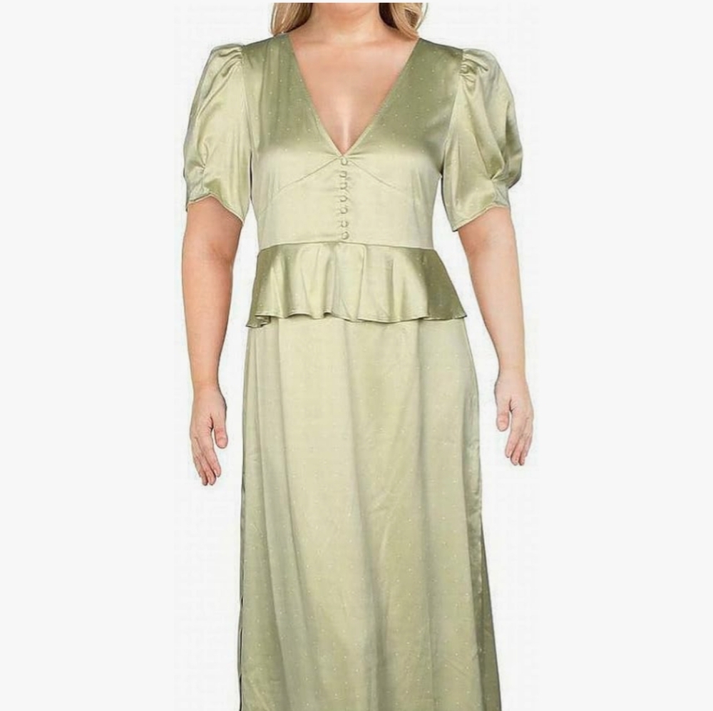 Danielle Bernstein Womens V Neck Ruffled Peplum Midi Dress Green